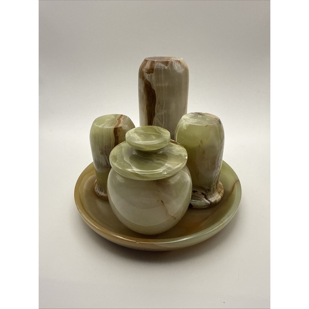 Vintage ~ Brown Green Ivory Marble Onyx Salt and Pepper Shakers ~ Set